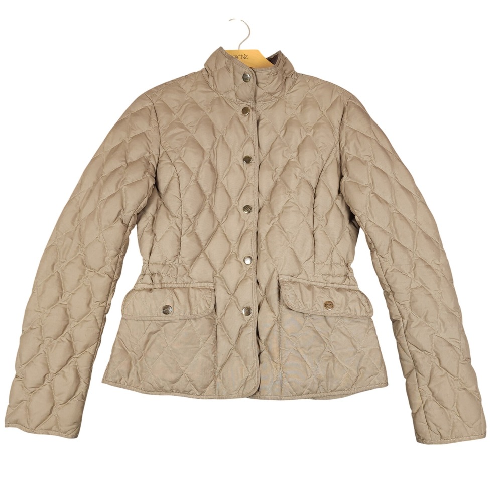 Eddie Bauer Women XS Tan Quilted Snap Front Jacket Seattle USA Khaki Puffer Coat